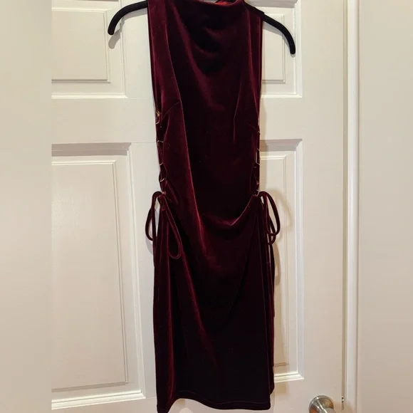 Deep Red Velvet Dress with Gold Side Ties - Picture 4 of 9